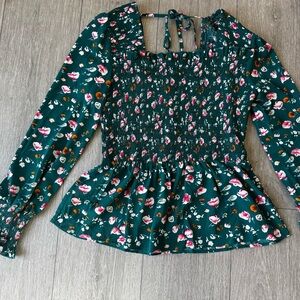 Smocked Peplum Floral Long-Sleeve Top in Dark Green